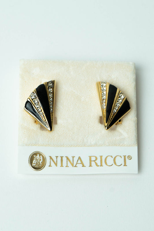 The Nina Ricci "Éventail d'Émail Noir et Cristal" Clip-On Earrings